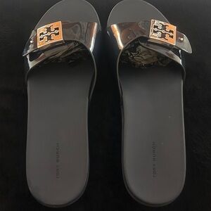 Tory Burch Black Patent Slide Sandals with Gold Logo